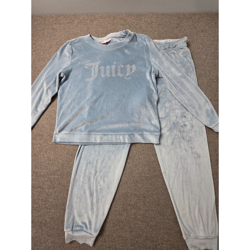 Juicy Couture Velour Lounge Set Women M Blue Rhinestone Bling Stretch Comfy Warm